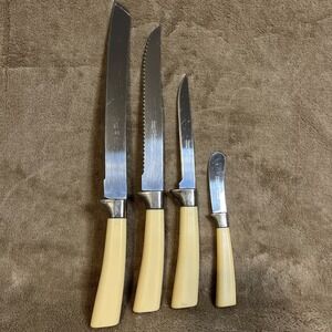 Vintage 4pc Regent Sheffield England Stainless Steel Knife Set Cream Handles MCM